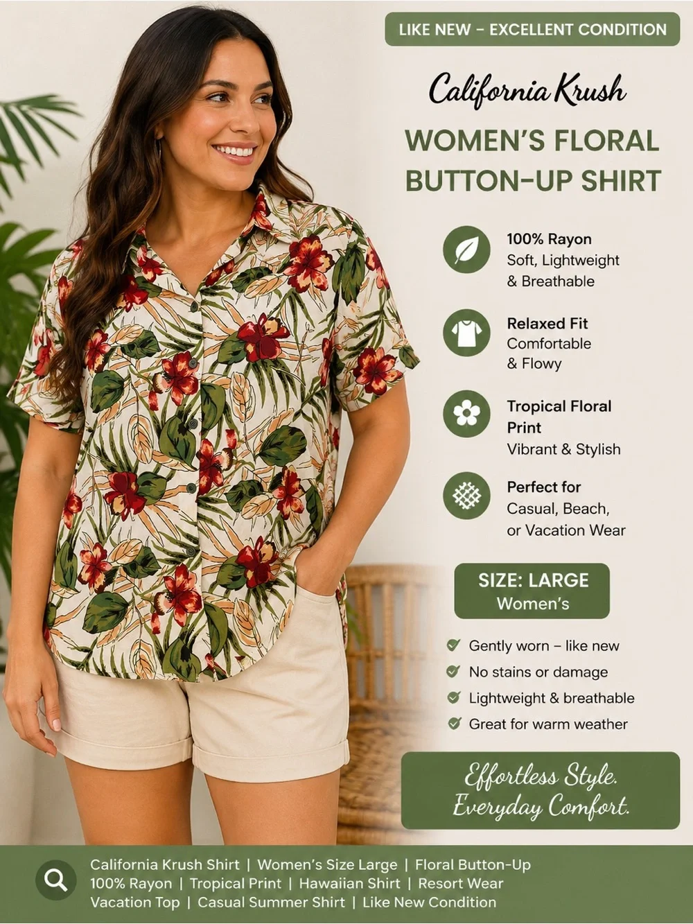 California Krush Women’s Tropical Shirt Size L 100% Rayon - Picture 1 of 5